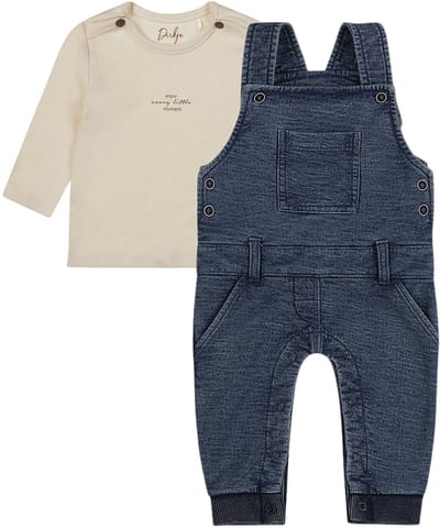 Dirkje - Basic Collection - BIO COTTON - Tuinbroek Blauw - Shirt Offwhite met print - Maat 56