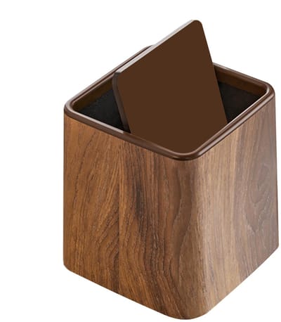 longziming-Prullenbak - Mini prullenbak - Desktop prullenbak - 1 stuk - 14,7x14,7x15,3 cm - Vintage houtlook - PP kunststof - Waterdicht - Geurwerend - Met deksel - Voor badkamer, kantoor, slaapkamer en woonkamer