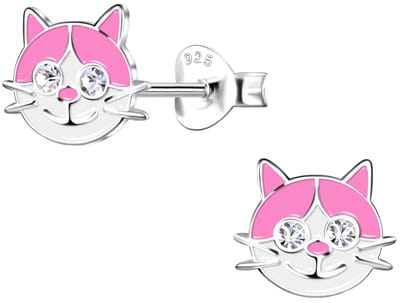 Joy|S - Zilveren kat poes oorbellen - 8 x 7 - roze wit - kristal - kinderoorbellen