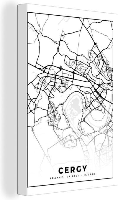 Canvas Schilderij Frankrijk - Kaart - Cergy - Plattegrond - Stadskaart - Zwart wit - 20x30 cm - Wanddecoratie