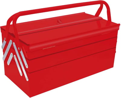 Grote metalen gereedschapskist met 3 niveaus en 5 lades, opvouwbaar en vergrendelbaar - 16,5 x 8,5 x 8 inch, rood