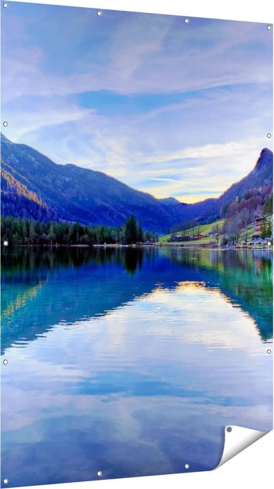 Gards Tuinposter Meer met Weerkaatsing in de Bergen - 120x180 cm - Tuindoek - Tuindecoratie - Wanddecoratie buiten - Tuinschilderij