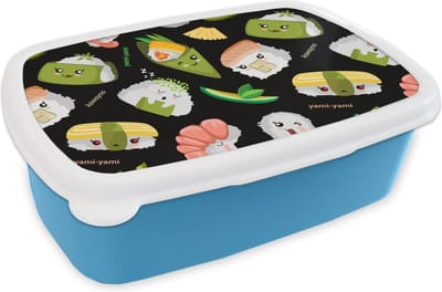 Broodtrommel Blauw - Lunchbox - Brooddoos - Kawaii - Sushi - Patronen - 18x12x6 cm - Kinderen - Jongen
