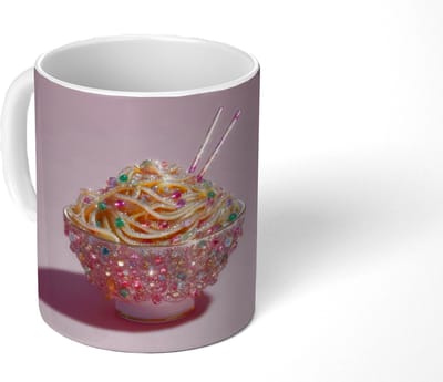 Mok - Koffiemok - Noodles - Edelstenen - Stokjes - Roze - Mokken - 350 ML - Beker - Koffiemokken - Theemok