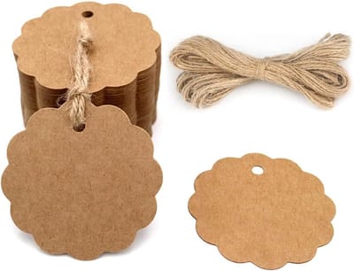 Cadeau labels - 100 stuks bloemvormige kraftpapier labels bruin 6 cm met jute koord - blanko prijslabels voor cadeaus, DIY knutselen, feestjes en bruiloften