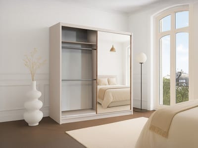 Vente-unique Kast met 2 schuifdeuren - Met spiegel - B203 cm - Kleur: Beige en naturel - CALOWI