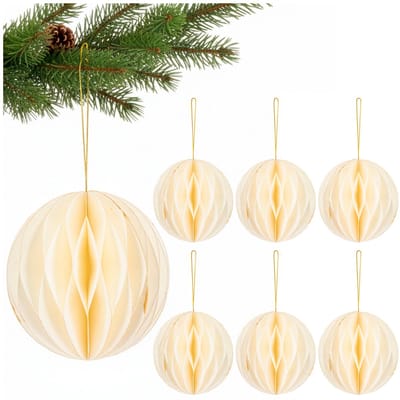 Springos Kerstbal | Papier | 12 Cm | 3D | Wit + Goud Glitter | 6 Stuks