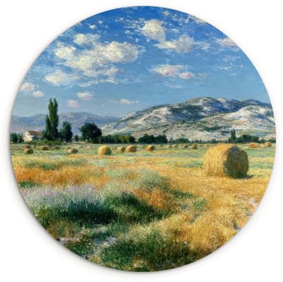 WallCircle® Wandcirkel 120x120 cm - Muurcirkel Landschap - Strobalen - Bergen - Wolken - Muurdecoratie woonkamer - Wanddecoratie slaapkamer - Kamer decoratie accessoires - Ronde schilderijen XXL