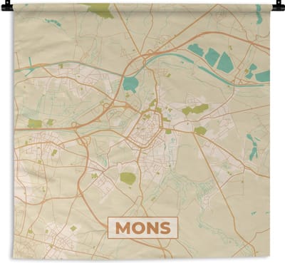 Wandkleed - Wanddoek - Stadskaart - België - Mons - Kaart - Plattegrond - 180x180 cm - Wandtapijt