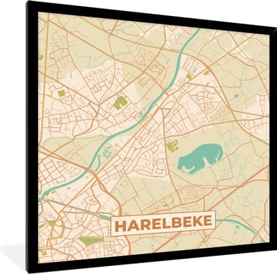 Fotolijst incl. Poster - Harelbeke - Kaart - Vintage - Stadskaart - Plattegrond - 40x40 cm - Posterlijst