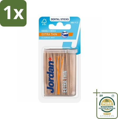 1 x Jordan Tandenstokers Double Ended Extra Thin 105 stuks per verpakking- Tandenstokers - Interdentale Ruimtes - Tanden Reinigen - Tandplak Verwijderen - Fluoride