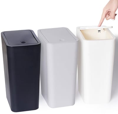 Set van 3 kleine vuilnisemmers met deksel - 10 liter - afvalemmer met drukdeksel - kleine vuilnisemmer voor badkamer keuken - zwart wit grijs