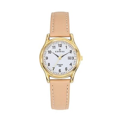 Certus-dameshorloge-model 646595-goudkleurig-datum-beige leder-duidelijke wijzerplaat-hoog draagcomfort-5 atm waterdicht-made in France