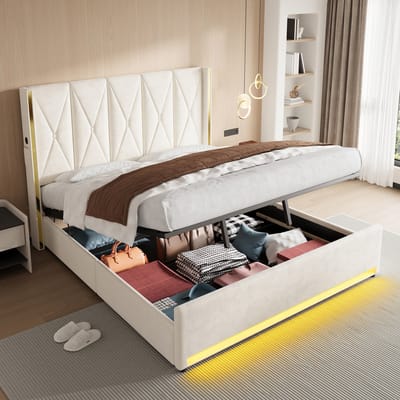 Sweiko Tweepersoonsbed - 180 × 200 cm - Hoog hoofdeinde - Velvet - USB-aansluiting - LED-verlichting - Opbergruimte - Beige