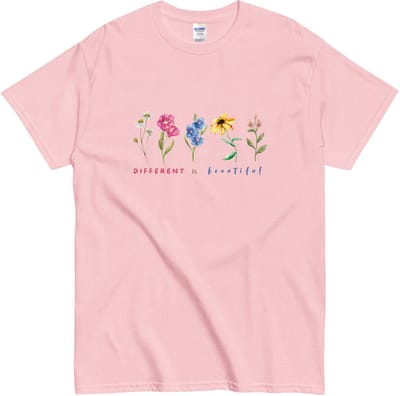 Dames en Heren Tshirt met Tekst Boodschap 'Anders zijn is mooi' - Bloemenprint - Roze - S