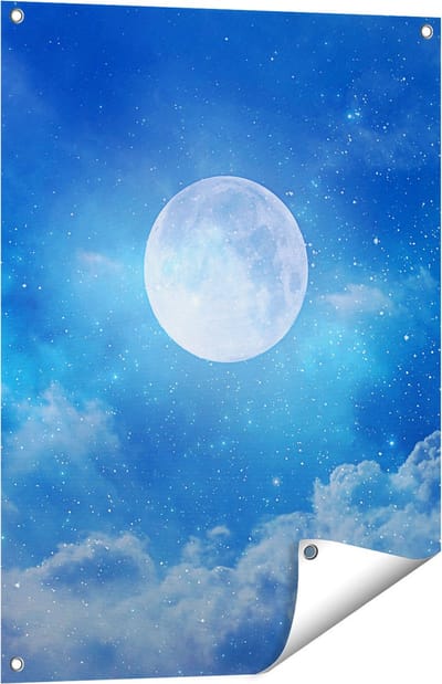Gards Tuinposter Volle Maan in de Blauwe Hemel met Sterren - 60x80 cm - Tuindoek - Tuindecoratie - Wanddecoratie buiten - Tuinschilderij