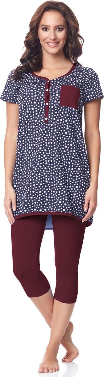 BeMammy Dames Zwangerschapspyjama - Korte mouwen - Korte broek met borstvoedingsfunctie - Katoen - BE-BE20-177-PJ - Marineblauw-Sterren-Wijnrood - S