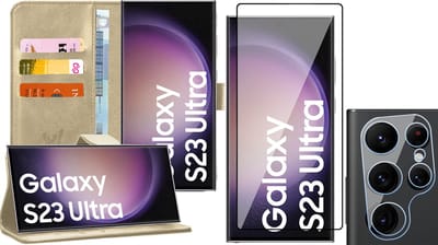 Hoesje geschikt voor Samsung Galaxy S23 Ultra - Screenprotector FlexGuard & Camera Lens Screen Protector - Book Case Kunstleer Pasjeshouder Goud