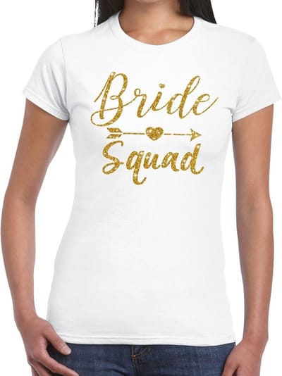 Vrijgezellenfeest Bride Squad Cupido goud glitter t-shirt wit dames - Vrijgezellenfeest kleding XS