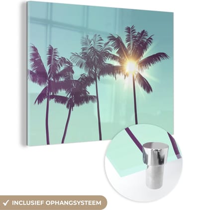 MuchoWow® Glasschilderij 40x30 cm - Schilderij acrylglas - Palmbomen - Zomer - Zon - Foto op glas - Schilderijen - Portret van de zomer