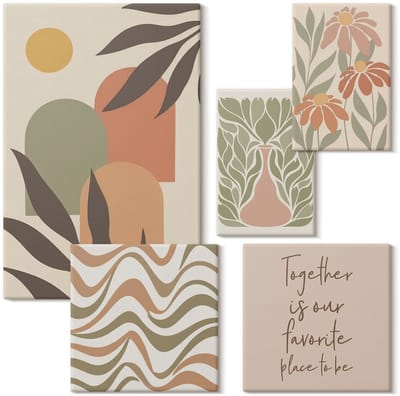 Wallfluent Set van canvas schilderijen - Stijlvolle decoraties in pastelkleuren met plantenmotieven Canvas Schilderijen Set - Set van 5 Canvas Schilderijen - Beige Set van Canvas Prints - Abstractie Canvas Kunst Set - Boheemse Canvas Kunst Set