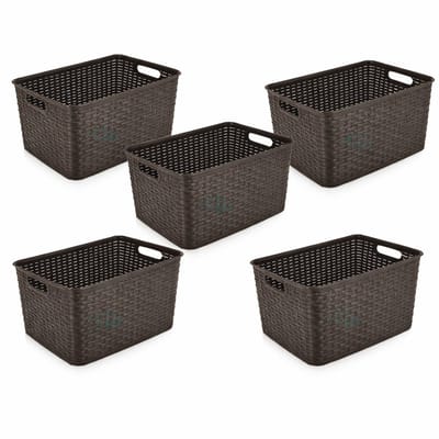 Opbergmand 18L Kunststof Set van 5 – Mandjes Riet – Opbergbox 38x28x19 cm – Opbergmand Kinderkamer en Speelgoed – Kast Organizer – Keukenkast Organizer – Kledingkast Organizer – Plastic Opbergmand Vierkant