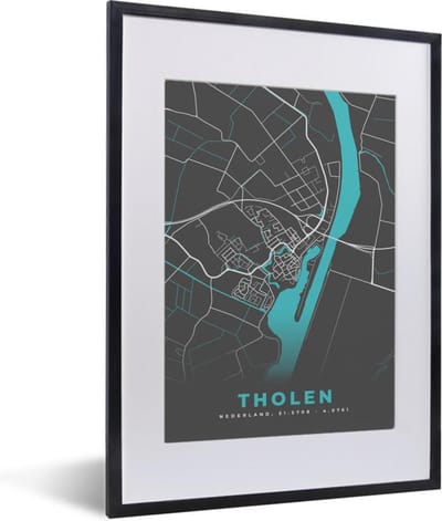 Fotolijst incl. Poster - Stadskaart - Tholen - Grijs - Blauw - 30x40 cm - Posterlijst - Plattegrond
