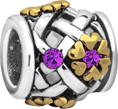 Quiges - 925 - Zilveren - Bedels -Sterling zilver - Beads - Bloemen Goudkleurig met Zirkonia Paars Kraal Charm - Geschikt – voor - alle bekende merken - Armband Z458