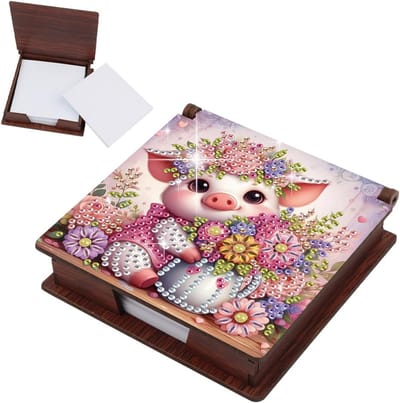 SnelShoppen - Diamond Painting Notitieboek 11x11 cm met 160 Bladen, Zelfklevend Notepad Houder, Houten Organizer voor Bureau, Kantoor, Studenten, Pig