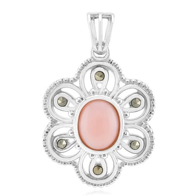 Cavill - Zilveren hanger 925 Sterling - Roze ovale opaal 1,9 ct Peru - 6 marcasieten 0,198 ct - Bloemvormig elegant dames sieraad