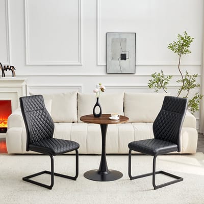 MODFU - Tafel- En Stoelset - Rond - Met 2 Stoelen - Modern - Voor Eethoek - MDF, Metaal En PU-Leer - Zwart En Walnoot - 60 Cm