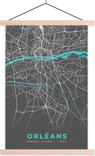 Posterhanger incl. Poster 40x60 cm - Schoolplaat - Orléans - Stadskaart - Kaart - Plattegrond - Frankrijk - Textielposter - Blanke latten - Stadskaart