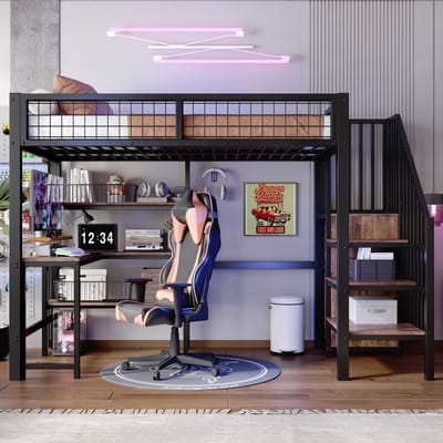 VVBV Ruimtebesparende Hoogslaper 90x200 cm - Bureau, Planken, Kledingkast - Metaal Zwart - Zonder Matras