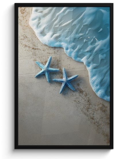 Poster in lijst - Fotolijst 60x90 cm - Posters - Zeesterren - Zand - Zee - Blauw - Posterlijst zwart - Decoratie - Wanddecoratie woonkamer - Muurdecoratie slaapkamer