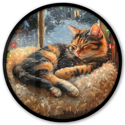 Poster in lijst Rond - Fotolijst 40x40 cm - Posters - Kat - Kerst - Winter - Dier - Ronde posterlijst zwart - Decoratie - Wanddecoratie woonkamer - Kerstdecoratie voor binnen - Kerstversiering - Kerstmis versiering in huis - Kerstaccessoires