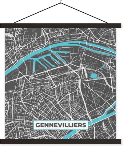 Posterhanger incl. Poster 60x60 cm - Schoolplaat - Gennevilliers - Frankrijk - Stadskaart - Kaart - Plattegrond - Textielposter - Zwarte latten - Stadskaart