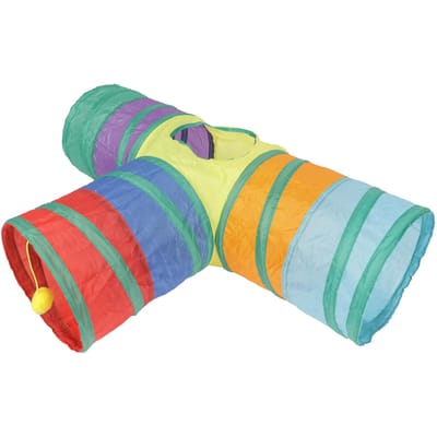 Tunnel pour chat 3 voies jouet tube pour chat pliable avec balle en peluche suspendue pour lapins chatons et chiens blue