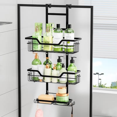 Hanging Shower Caddy met 3 Lagen, Over Deur Badkamer Plank voor Shampoo, Zeep en Scheermesjes, Zwart en Driehoekig Ontwerp