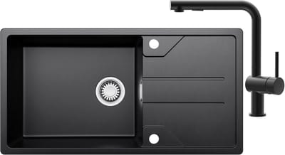 CECIPA max Spoelbak Met Kraangat - Granieten Keuken 86x45CM - Spoelbak Keuken Met Keukenkraan - Met Afdruiprek en Waterafvoersysteem - 80% Kwarts Zand Spoelbak Keuken - Zwart