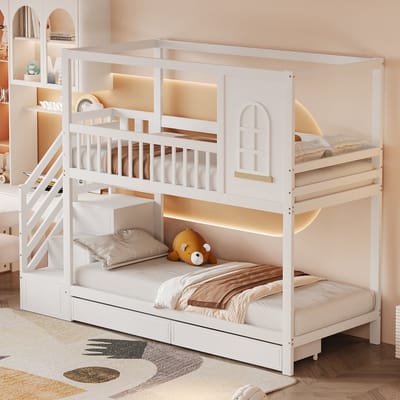 Stapelbed 90x200 cm - kinderbed - huisvorm met raam - met opberglades en veiligheidsladder - wit - zonder matras