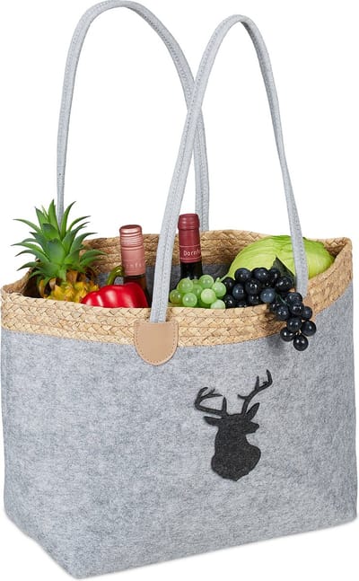 vilten tas - 35 liter - opvouwbaar - met hert en 2 hengels - voor boodschappen en hout - grijs