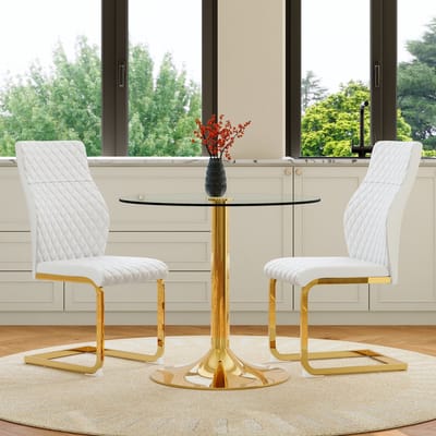 MIVRAY Eethoek 85 cm - Ronde Glazen Tafel Met 2 Eetkamerstoelen - Voor Eetkamer En Horeca - Metaal Wit Goud