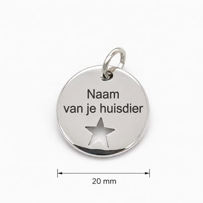 Gepersonaliseerde Dierenpenning / Naamplaatje voor Huisdier – Hondenpenning en Kattenpenning met Naam, Telefoonnummer en Adres – Ronde Penning 20 mm met Dubbelzijdige Gravure – Zilverkleurig met Ster