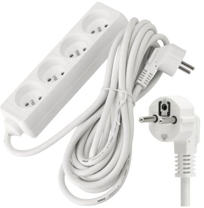 Stroomverlengkabel 5m met 4x 230V Stopcontacten - Verlengkabel met Platte Stekker - IP20 Bescherming - Wit