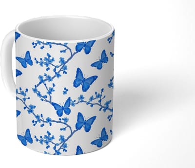 Mok - Koffiemok - Vlinder - Bloemen - Blauw - Mokken - 350 ML - Beker - Koffiemokken - Theemok