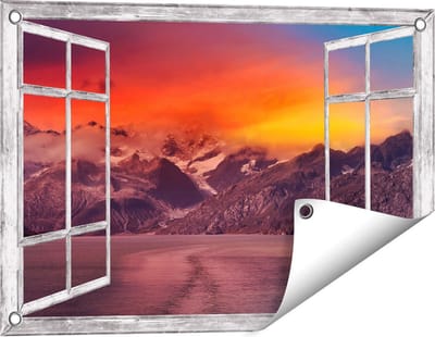Gards Tuinposter Doorkijk Meer bij de Bergen bij Zonsondergang - 60x40 cm - Tuindoek - Tuindecoratie - Wanddecoratie buiten - Tuinschilderij