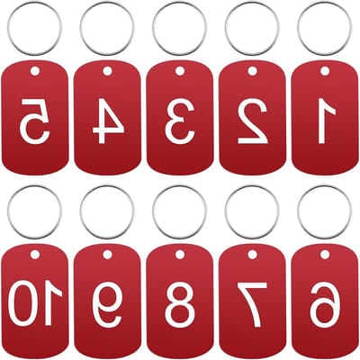Aluminium Nummerplaten Set van 10 Stuks met Gaten, Gegraveerde Sleutelhangers en Nummer Tags in Rood voor Identificatie en Organisatie