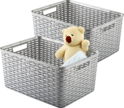 Plasticforte Opbergmand - 2x - Kastmand - rotan kunststof - zilvergrijs - 18 Liter - 29 x 39 x 20 cm