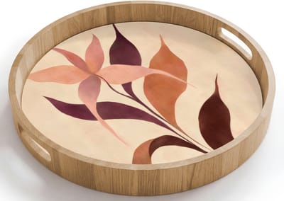 Dienblad rond 40x40 cm - Schootdienblad hout - Minimalistisch - Bloem - Bladeren - Beige - Borrelplank rechthoek - Plateau houten dienbladen