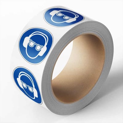 Oog en gehoorbescherming verplicht sticker op rol, 25 meter 50 mm - 475 per rol